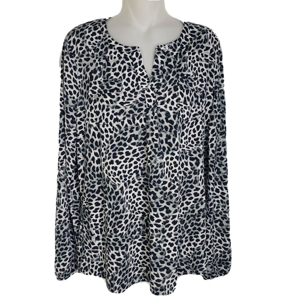 Jones New York Sport Womens Tunic Top Large Animal Print Pockets Split V Neck